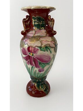 Japanese Floral Raised Relief Satsuma Style Vase Gilded Hand Painted Vintage
